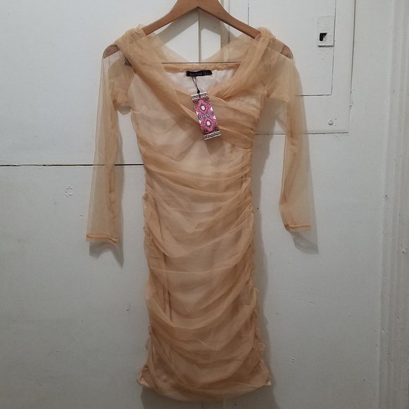 NWT OFF SHOULDER RUCHED MESH BODYCON MINI NUDE DRESS - Picture 5 of 8